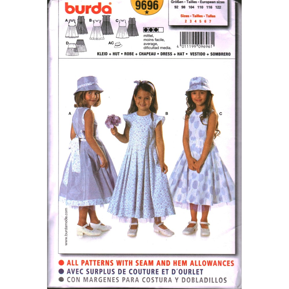 Burda 9696 Girls Dress and Hat Sewing Pattern Sizes 2-7 Uncut Vintage Style